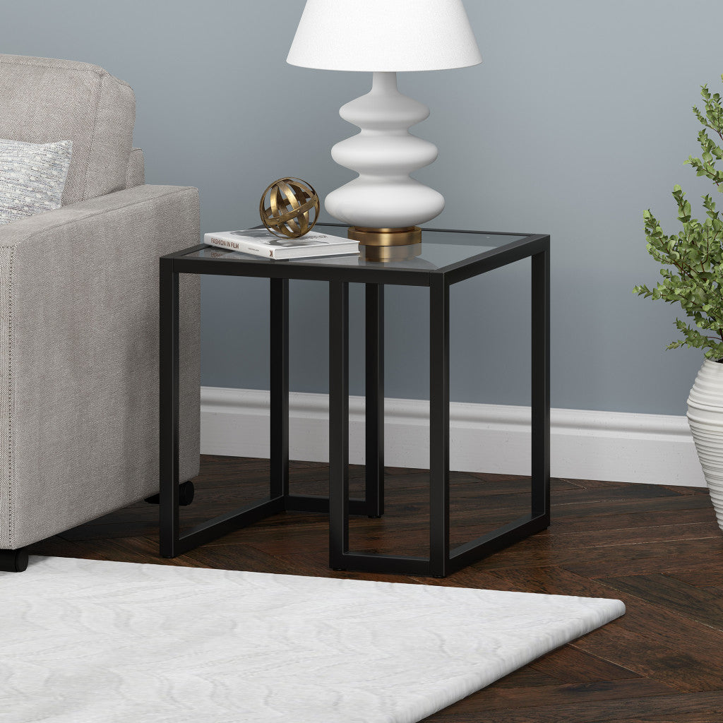 22" Black And Clear Glass And Steel Square End Table