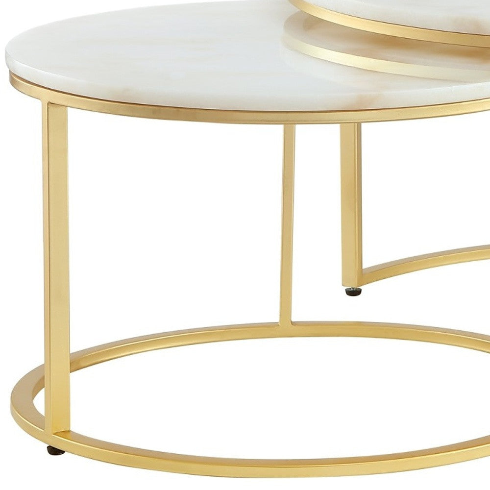 Set of Two 31" White And Gold Genuine Marble And Iron Round Nested Coffee Tables