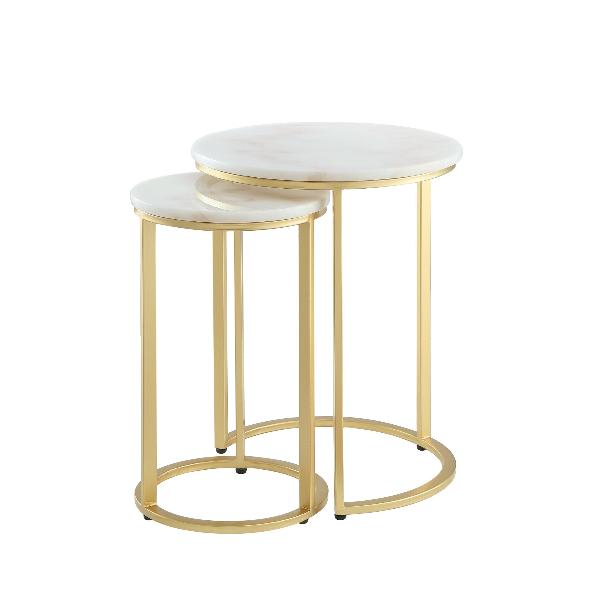 Set of Two 22" Gold and White Marble Round Nested Tables