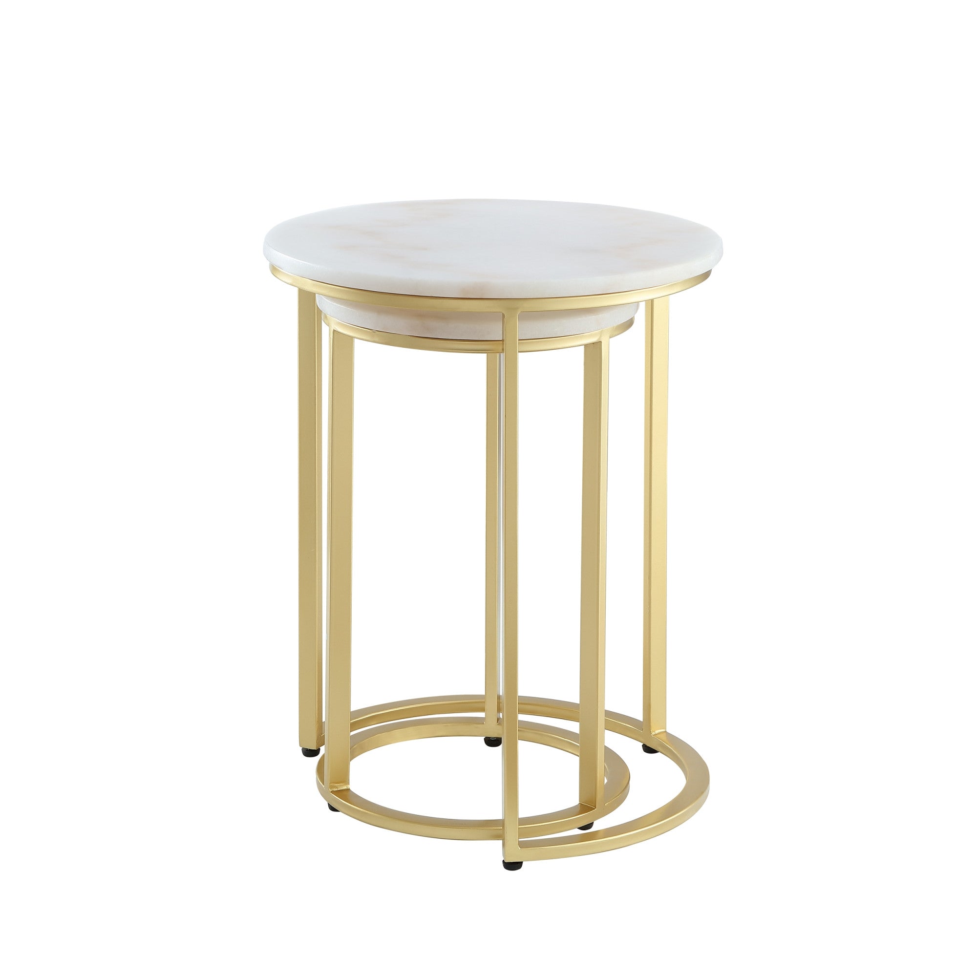 Set of Two 22" Gold and White Marble Round Nested Tables