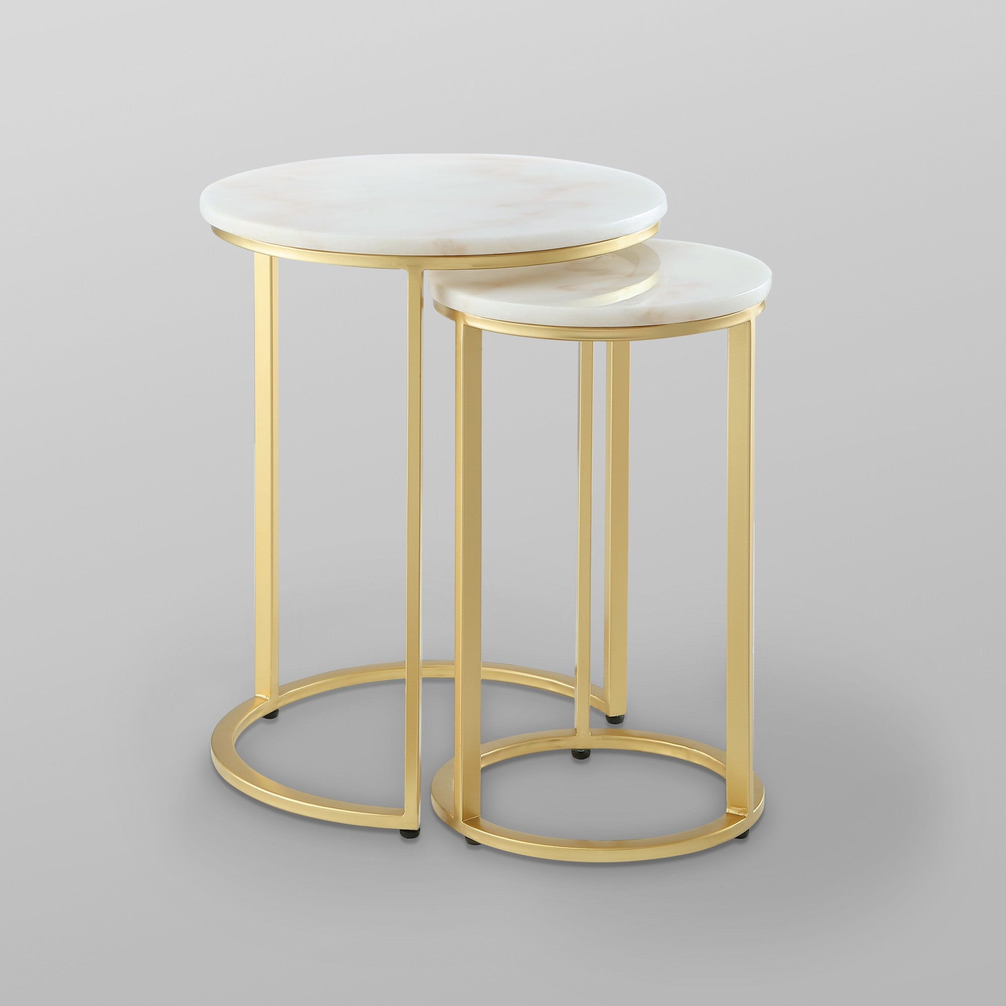 Set of Two 22" Gold and White Marble Round Nested Tables