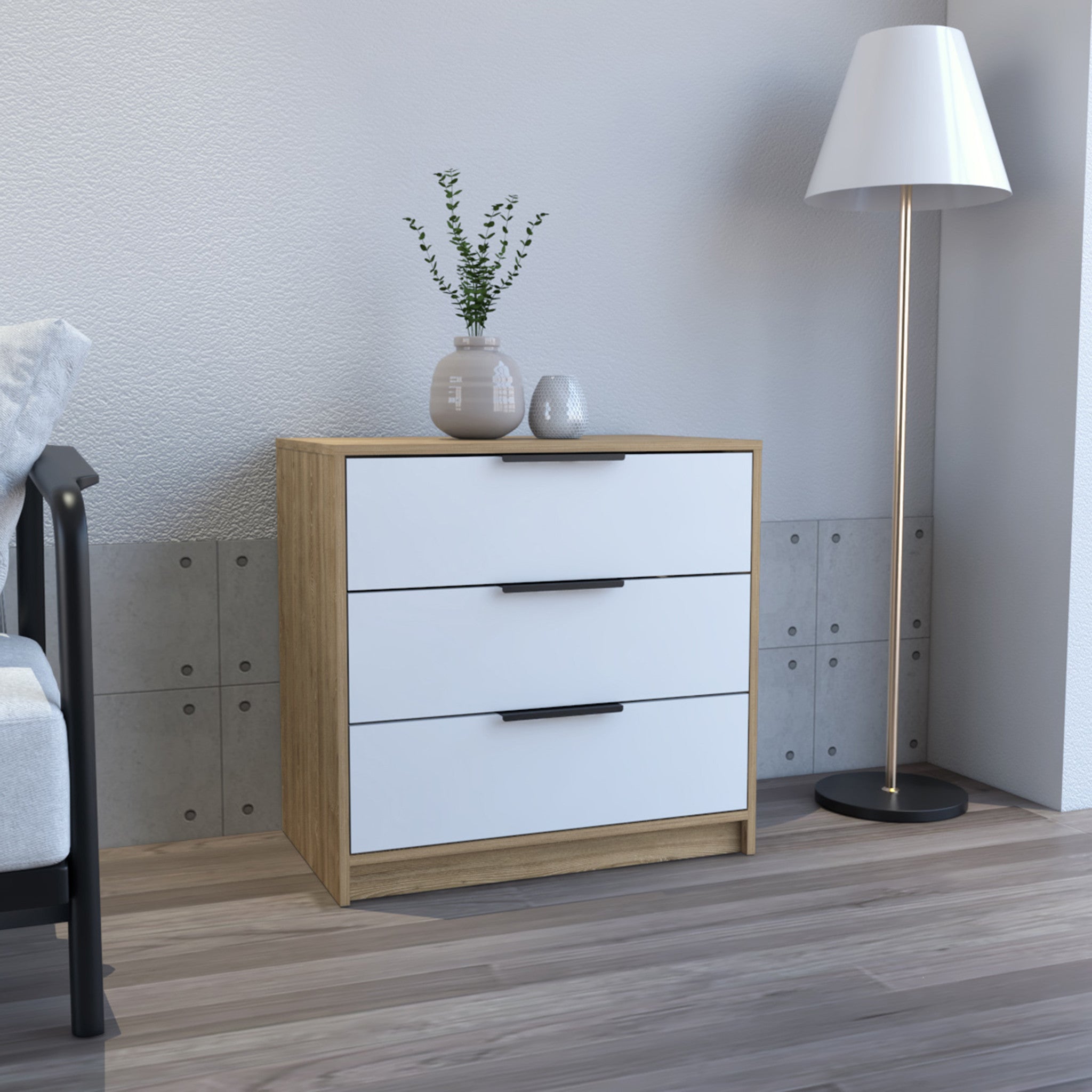 28" White and Natural Three Drawer Dresser