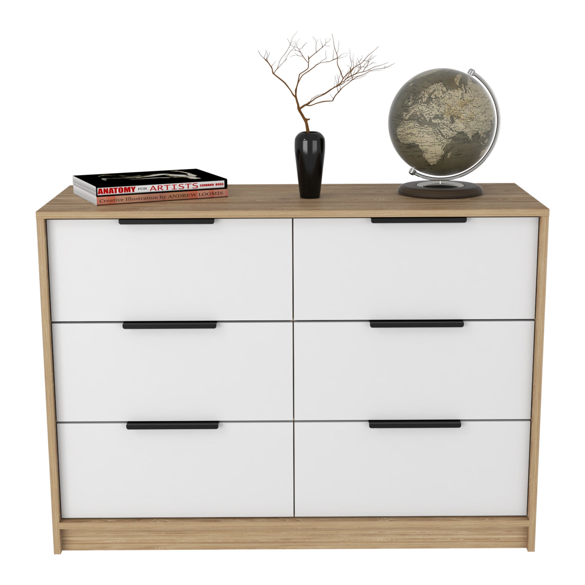 42" White and Natural Six Drawer Double Dresser