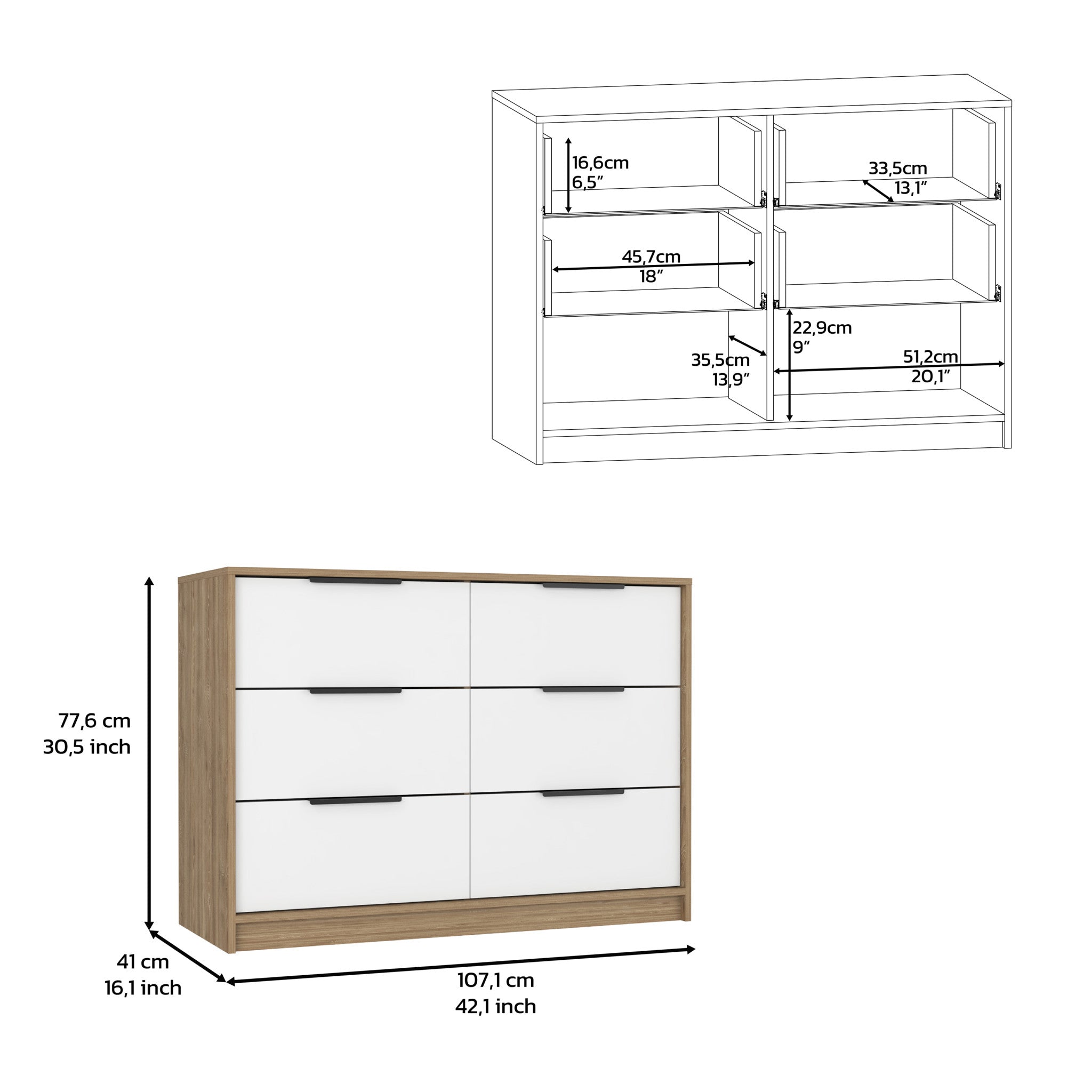 42" White and Natural Six Drawer Double Dresser