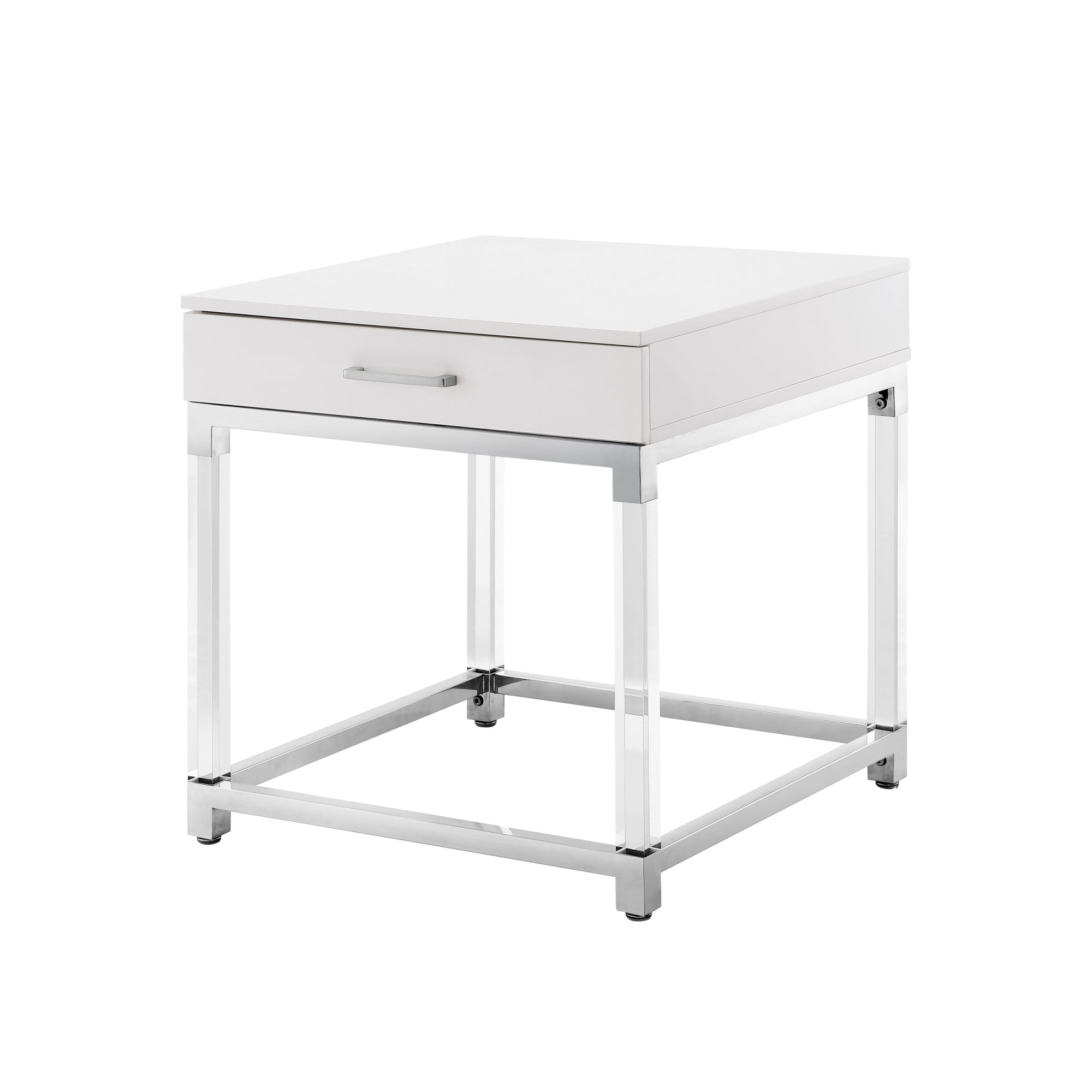 24" Silver Metallic And White Square End Table With Drawer