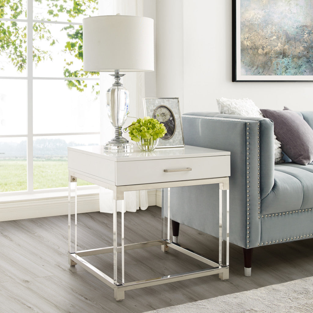 24" Silver Metallic And White Square End Table With Drawer