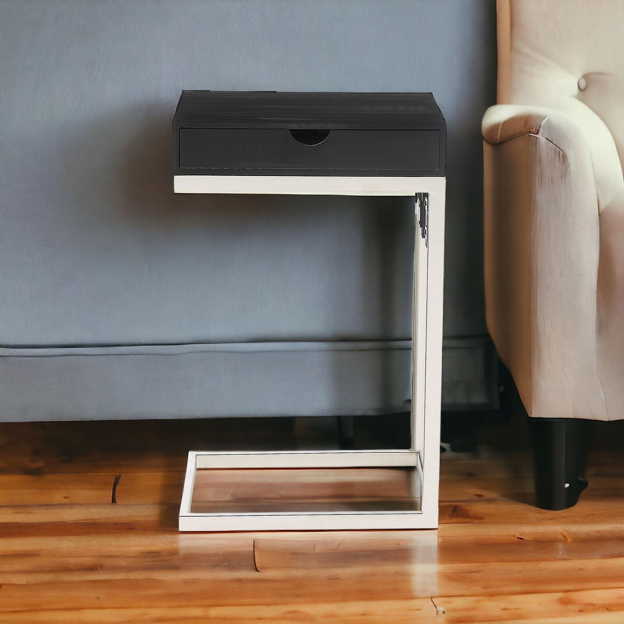 26" Silver Metallic and Black Veneer End Table with Drawer