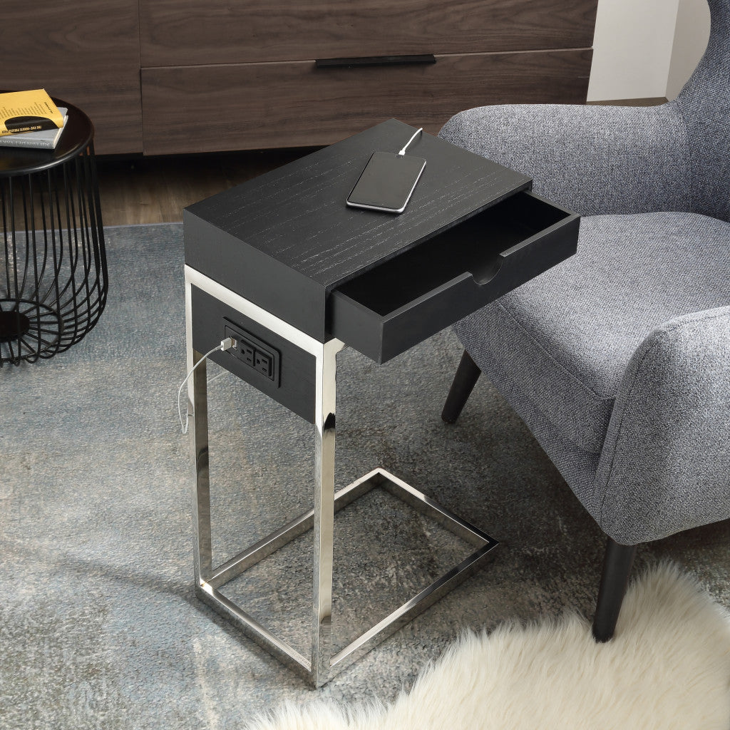 26" Silver Metallic and Black Veneer End Table with Drawer