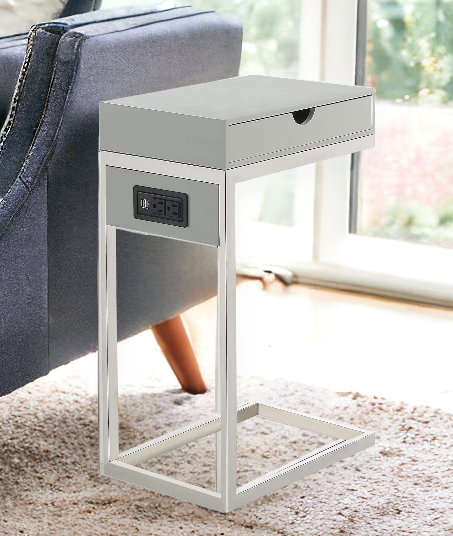 26" Silver Metallic and Black Veneer End Table with Drawer