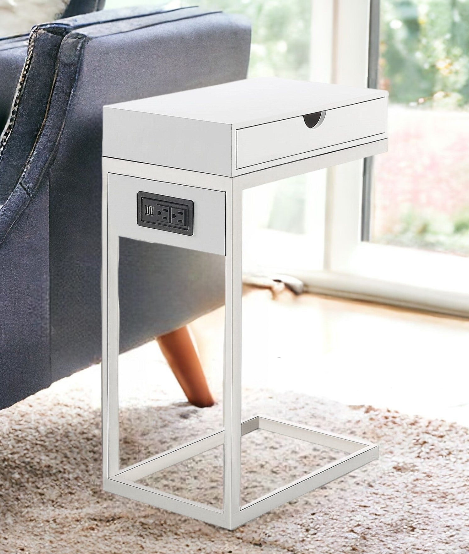 26" Silver Metallic and Black Veneer End Table with Drawer