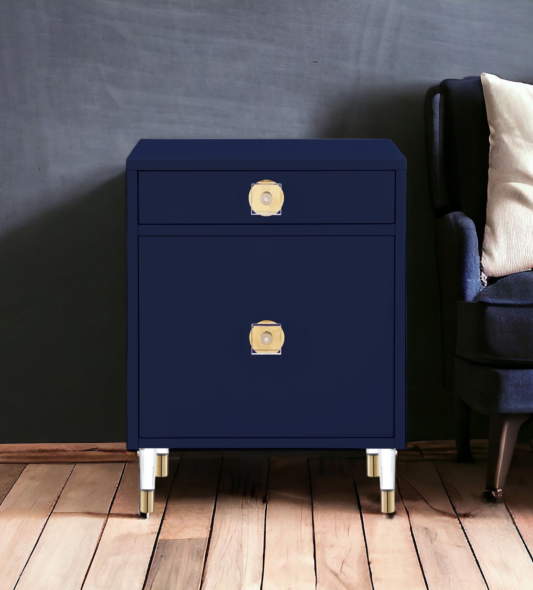 26" Clear and Dark Blue End Table with Drawer and shelf