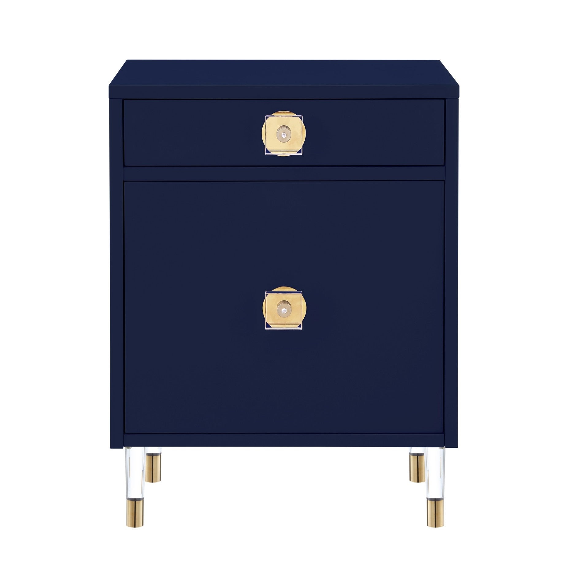 26" Clear and Dark Blue End Table with Drawer and shelf