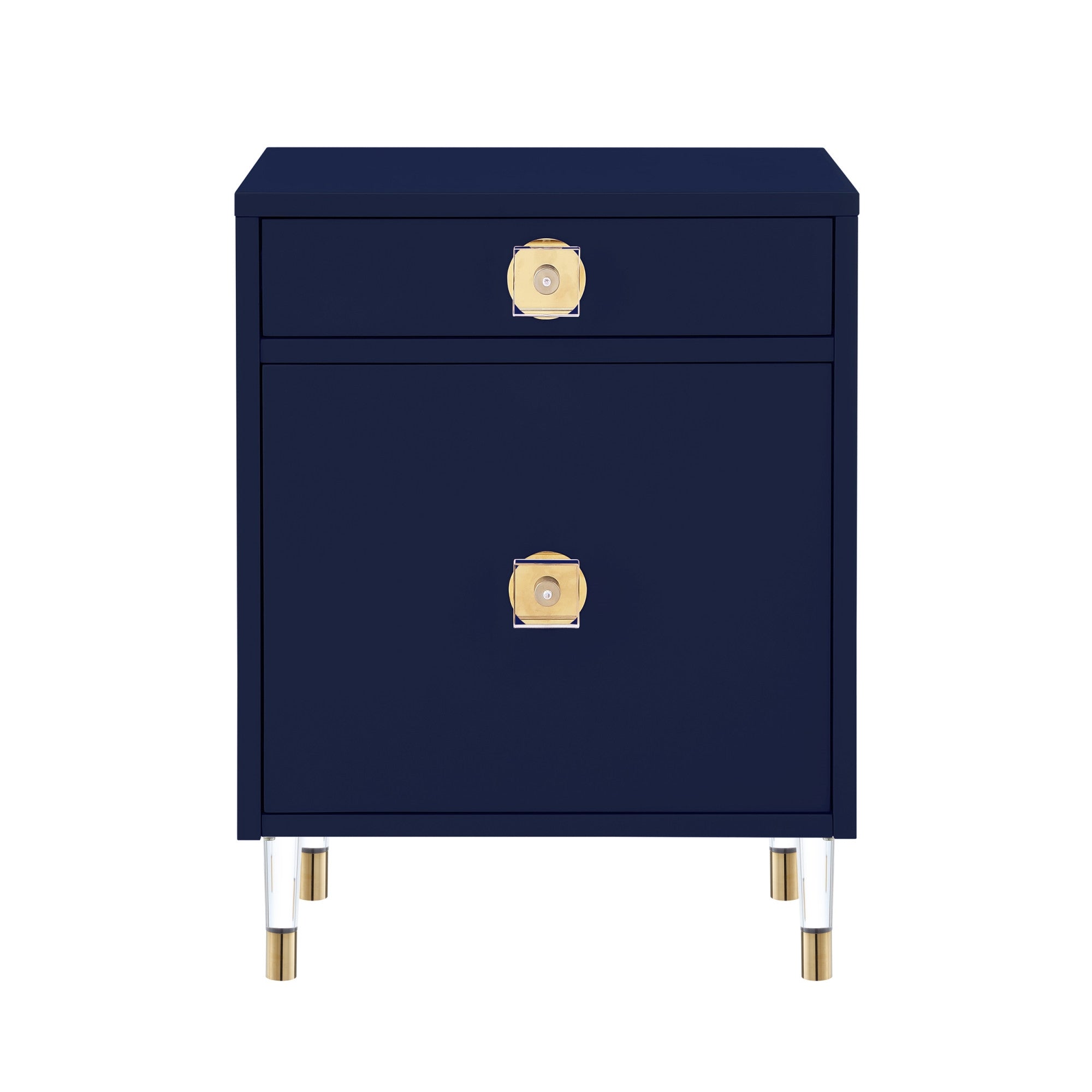 26" Clear and Dark Blue End Table with Drawer and shelf