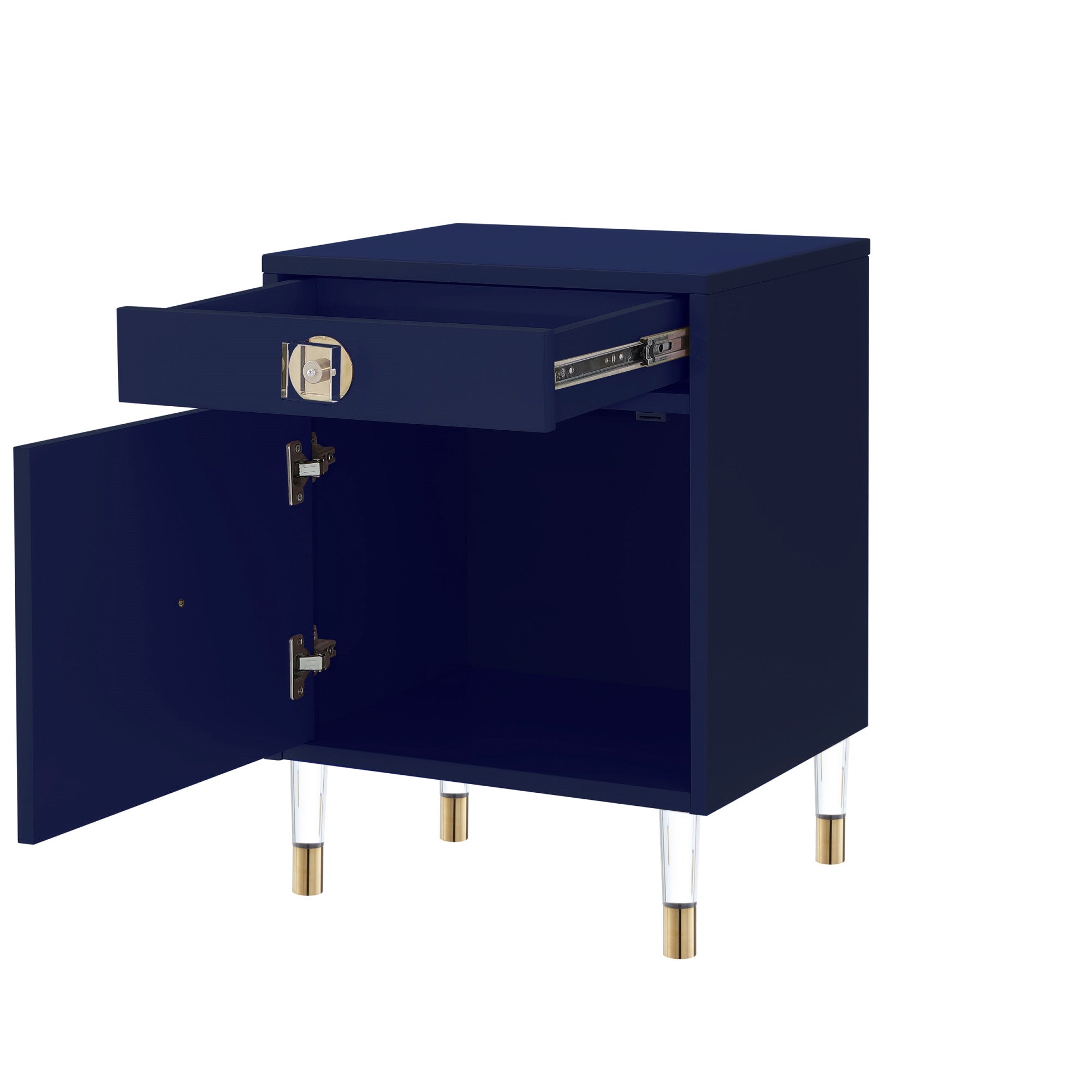 26" Clear and Dark Blue End Table with Drawer and shelf