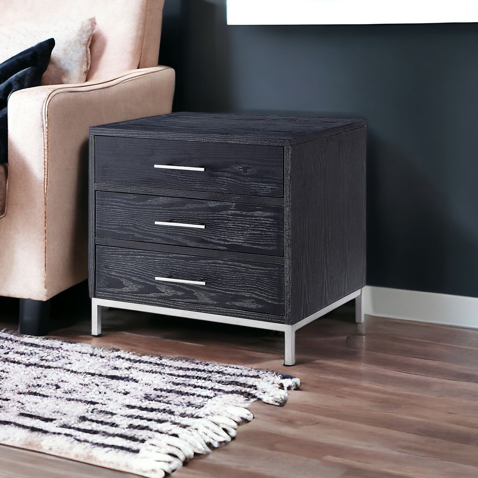 24" Silver Metallic And Black End Table With Three Drawers