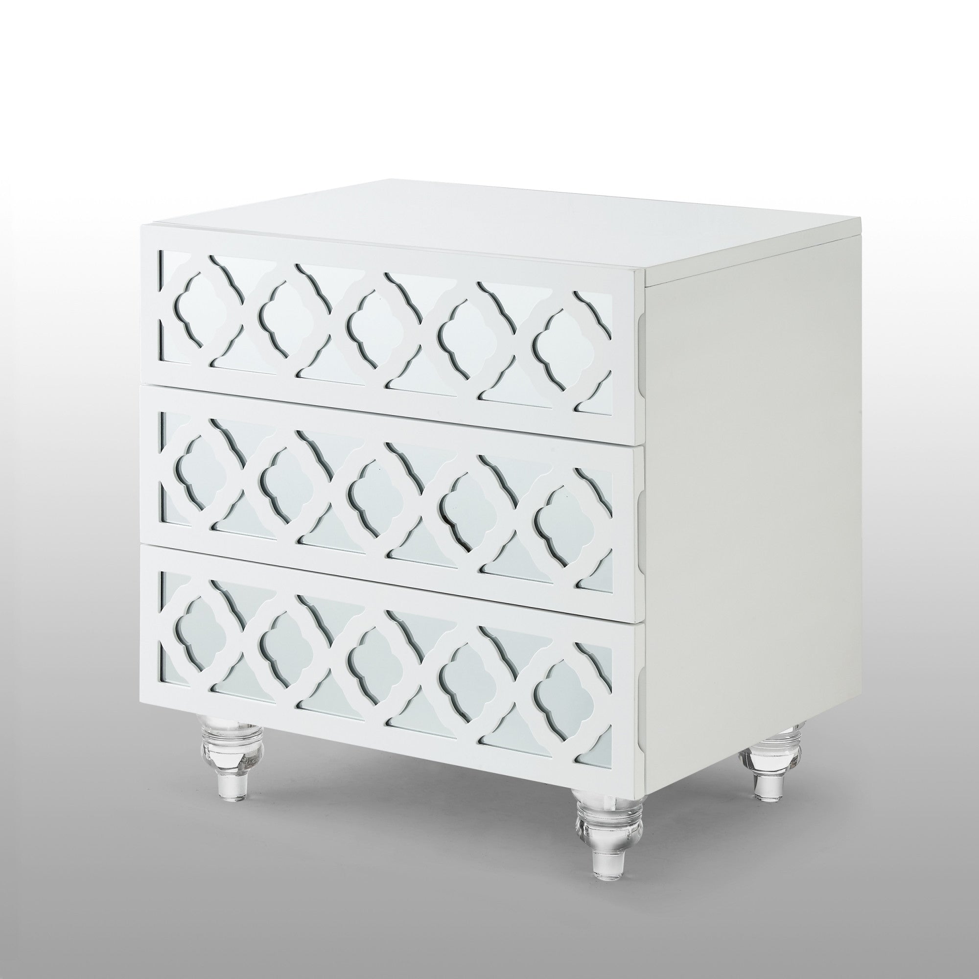 24" Clear And White Wood Mirrored End Table With Three Drawers