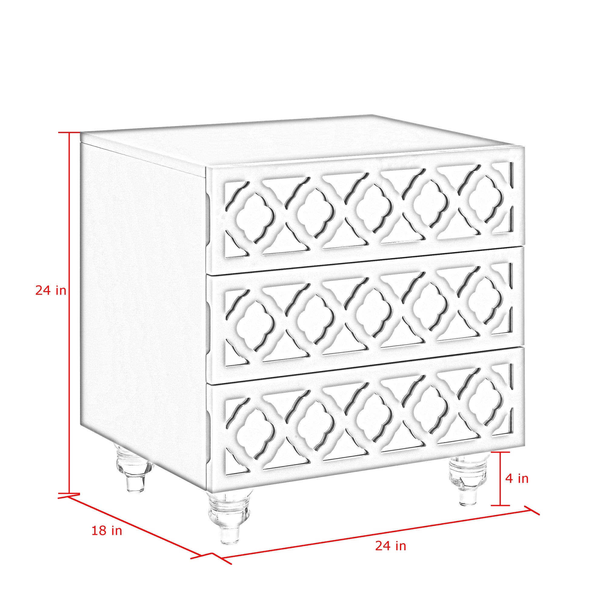 24" Clear And White Wood Mirrored End Table With Three Drawers