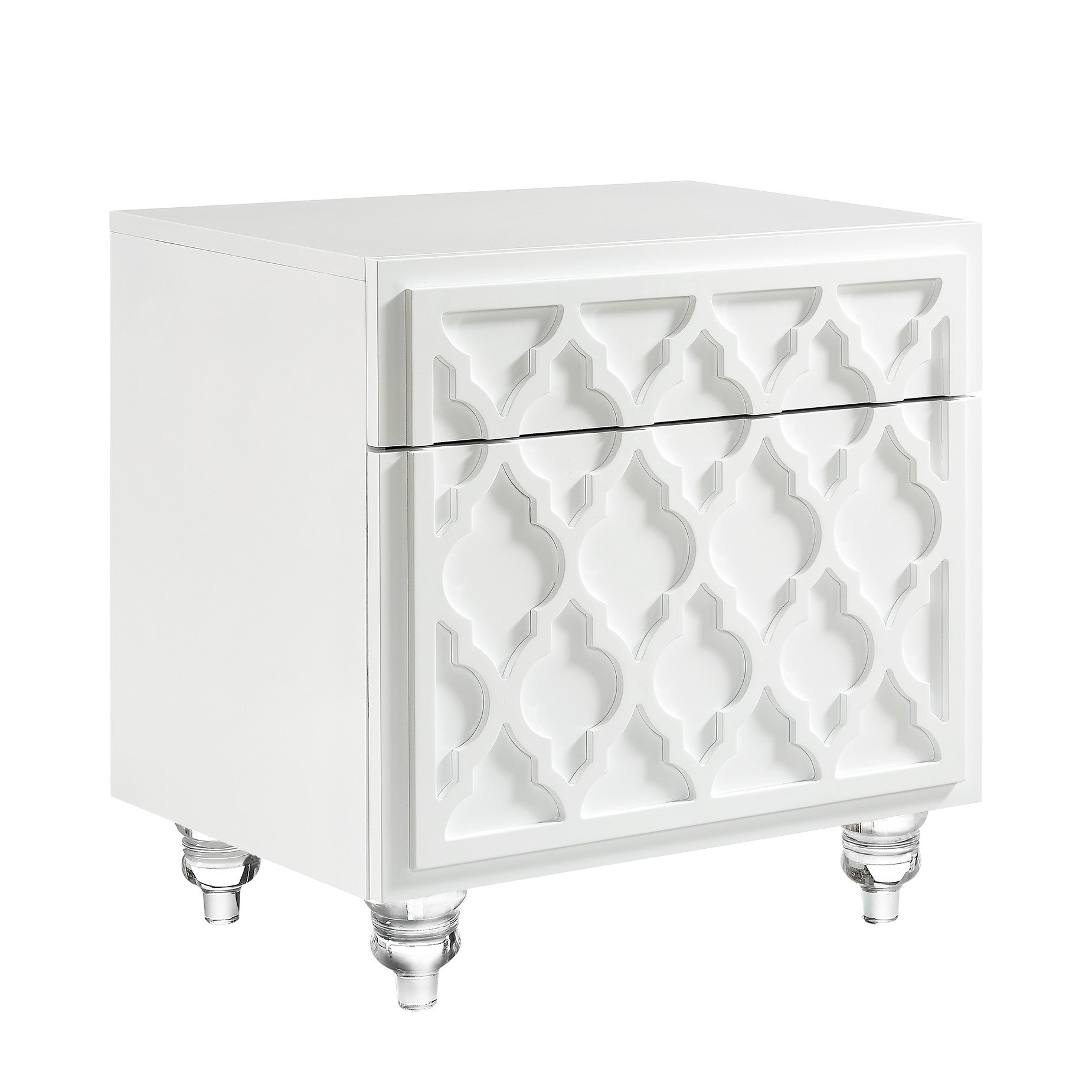 24" Clear And White End Table With Drawer And Shelf