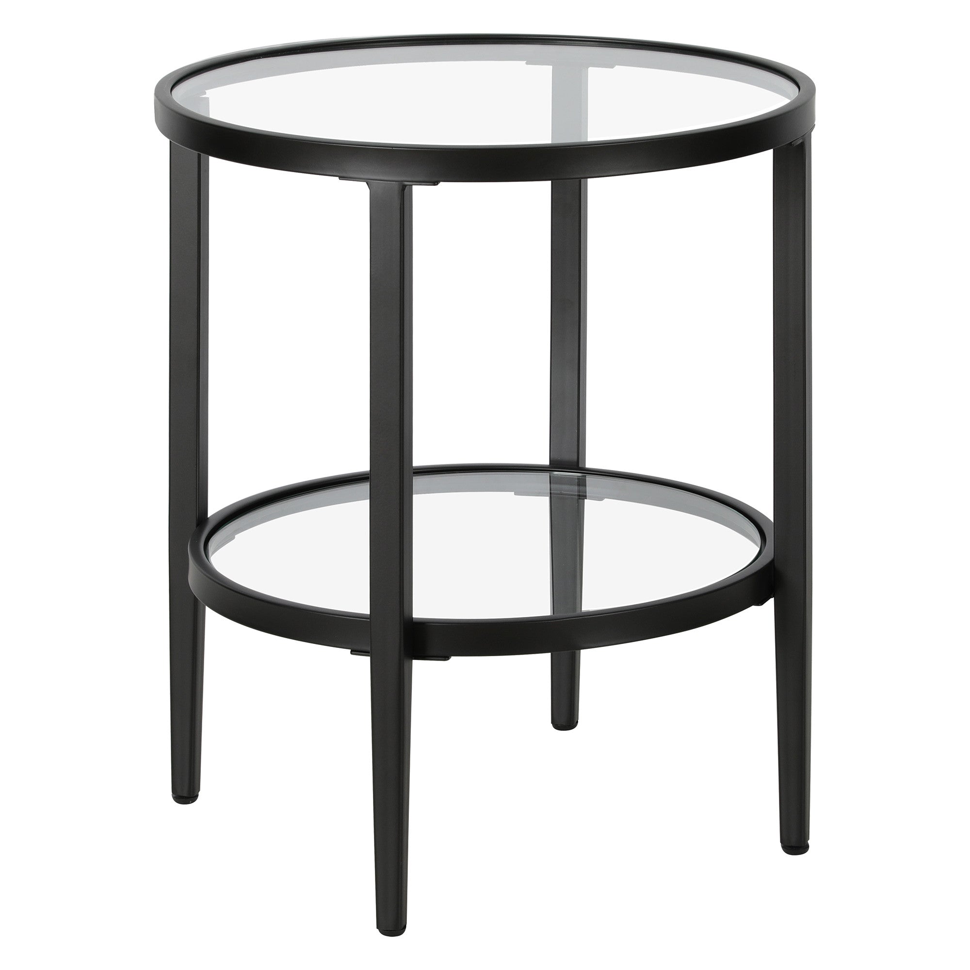 24" Black And Clear Glass And Steel Round End Table With Shelf