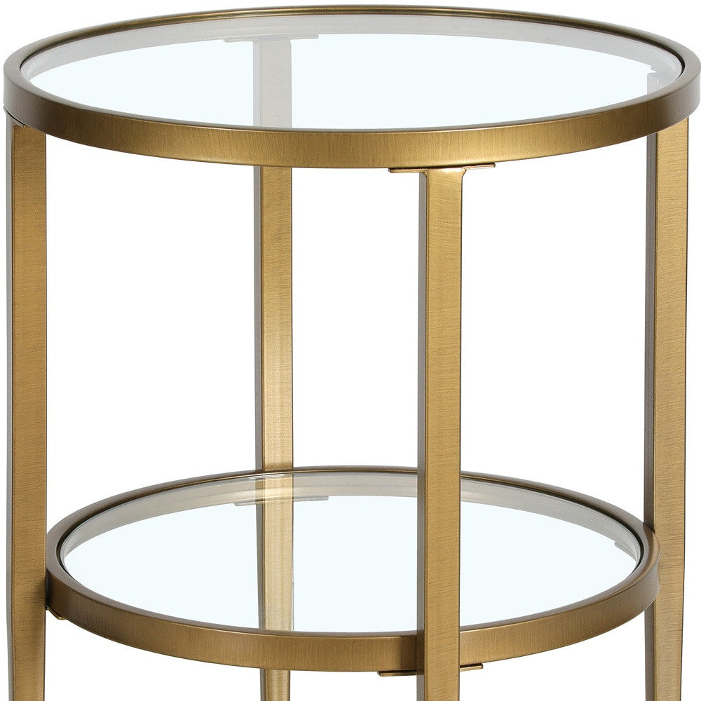 24" Antiqued Brass And Clear Glass And Steel Round End Table With Shelf