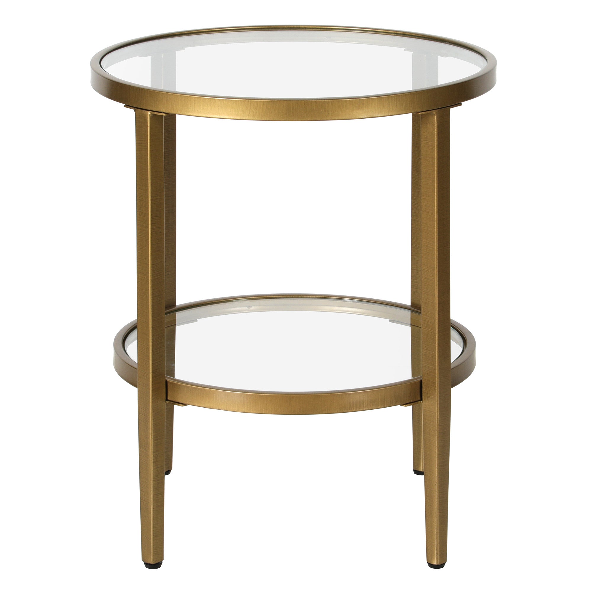 24" Antiqued Brass And Clear Glass And Steel Round End Table With Shelf