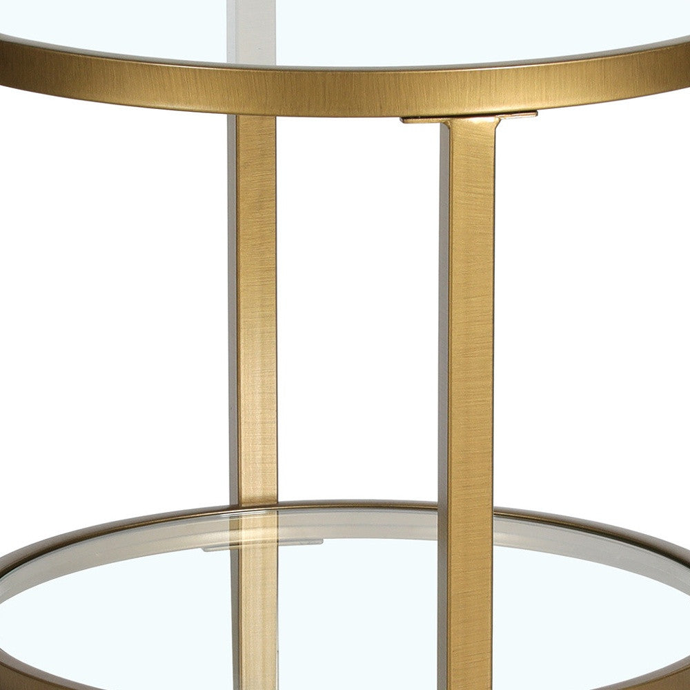 24" Antiqued Brass And Clear Glass And Steel Round End Table With Shelf