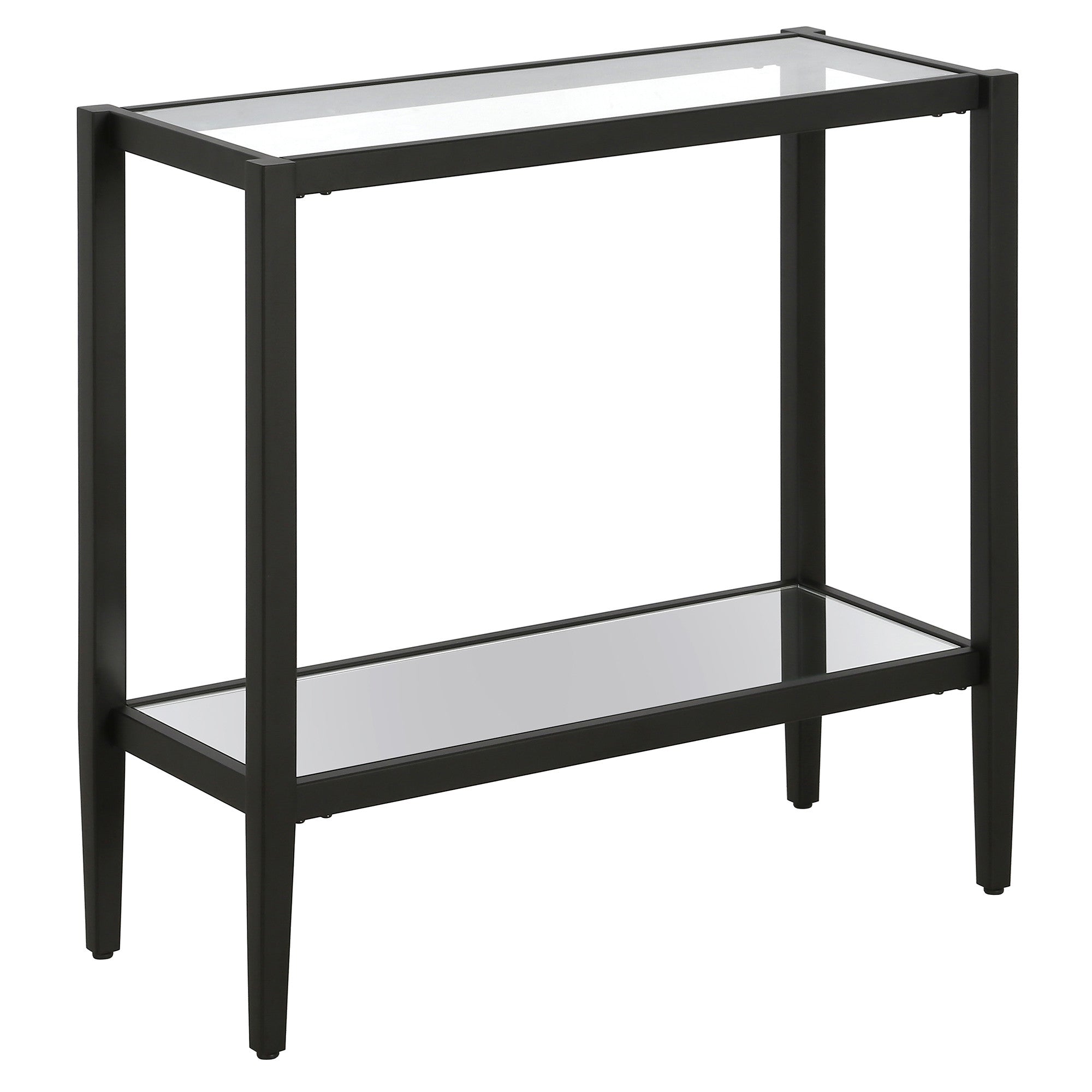 24" Black And Clear Glass And Steel Mirrored End Table With Shelf