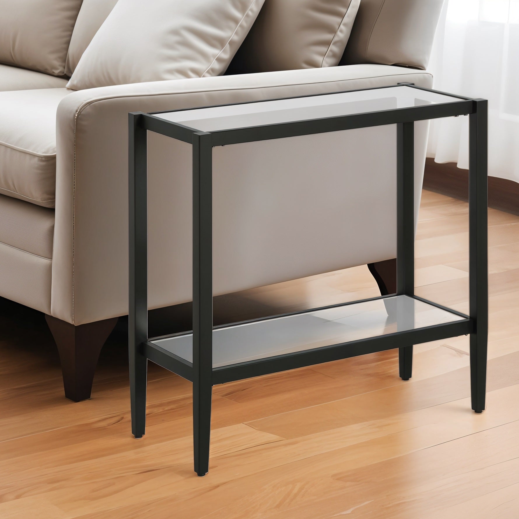 24" Black And Clear Glass And Steel Mirrored End Table With Shelf