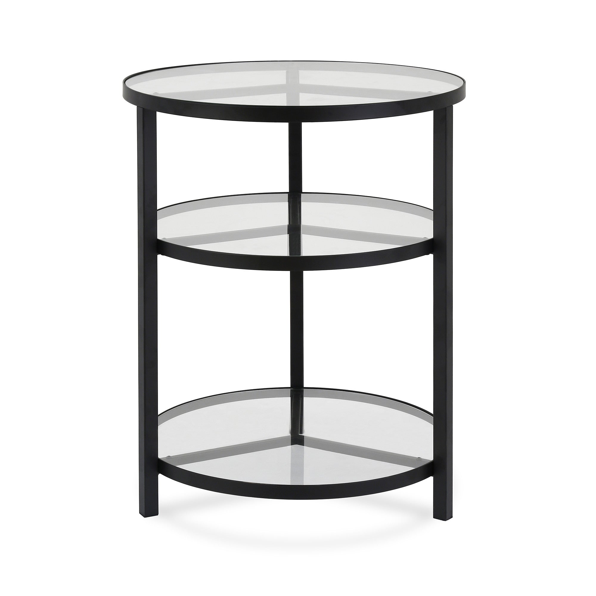 24" Black And Clear Glass And Steel Round End Table With Two Shelves