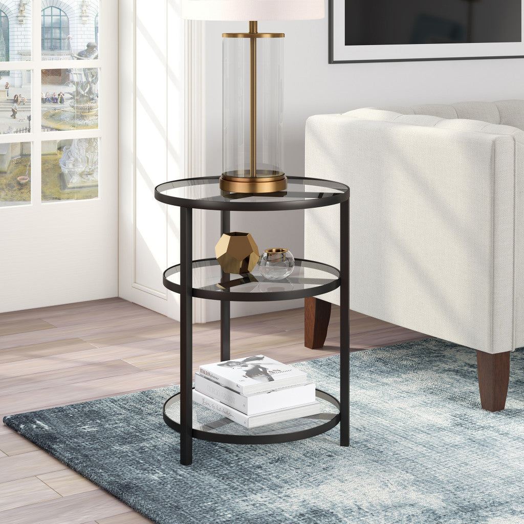 24" Black And Clear Glass And Steel Round End Table With Two Shelves