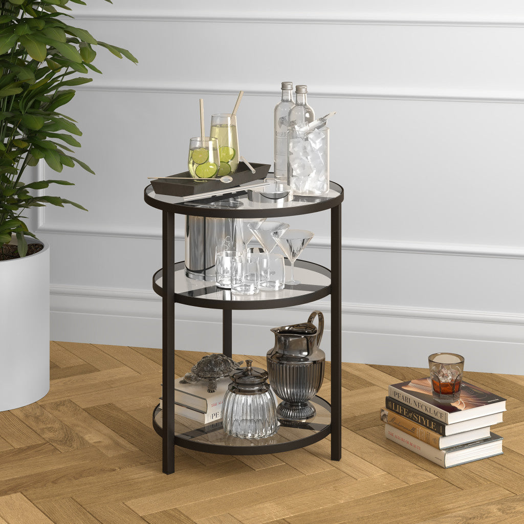 24" Black And Clear Glass And Steel Round End Table With Two Shelves