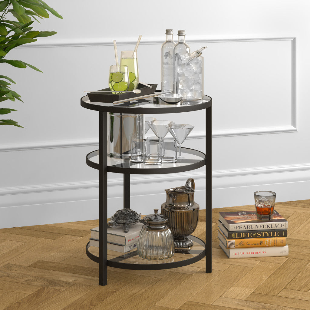 24" Black And Clear Glass And Steel Round End Table With Two Shelves