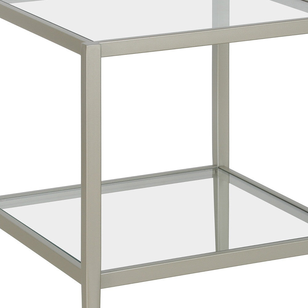 22" Nickel And Clear Glass And Steel Square End Table With Shelf