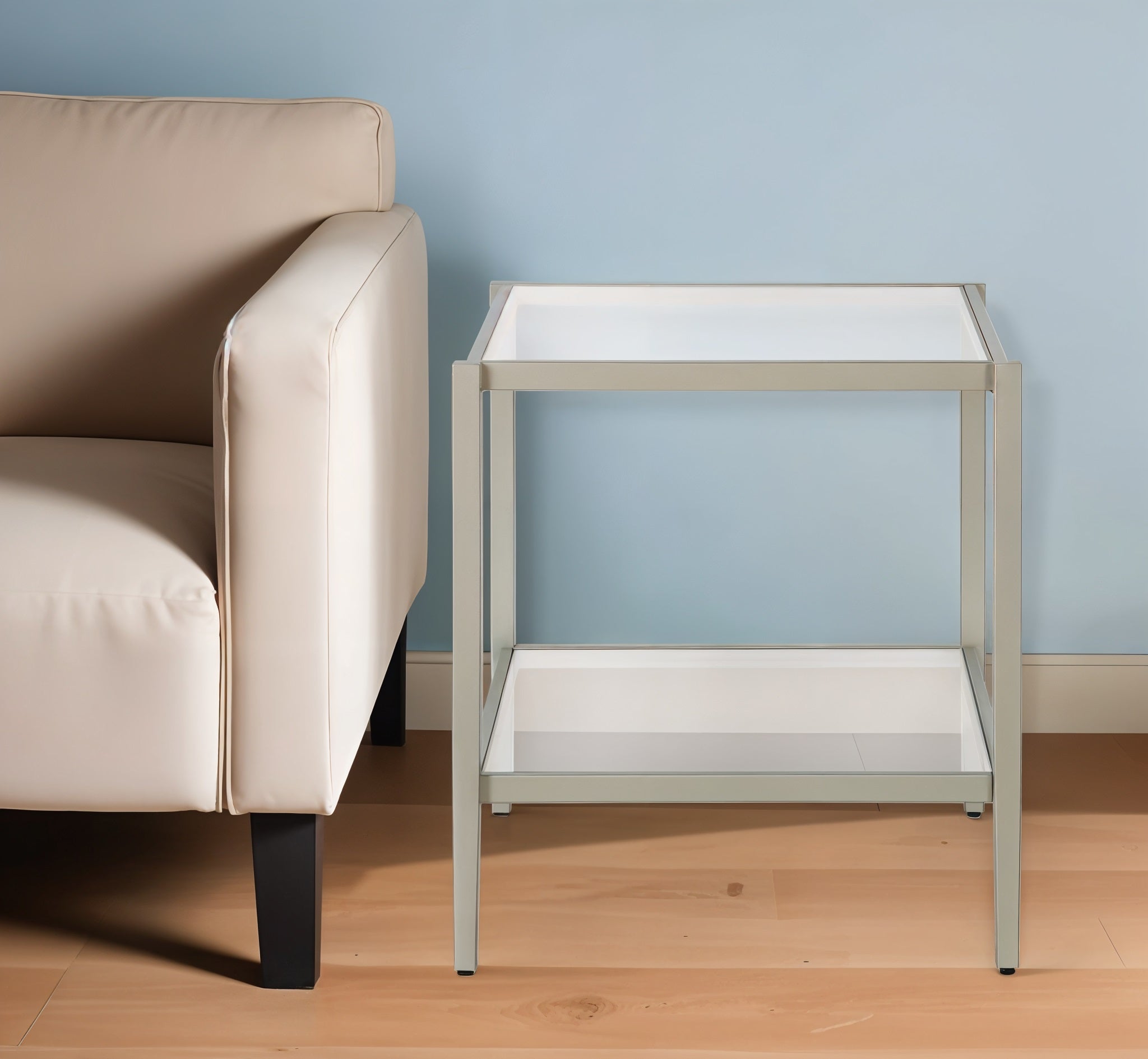 22" Nickel And Clear Glass And Steel Square End Table With Shelf