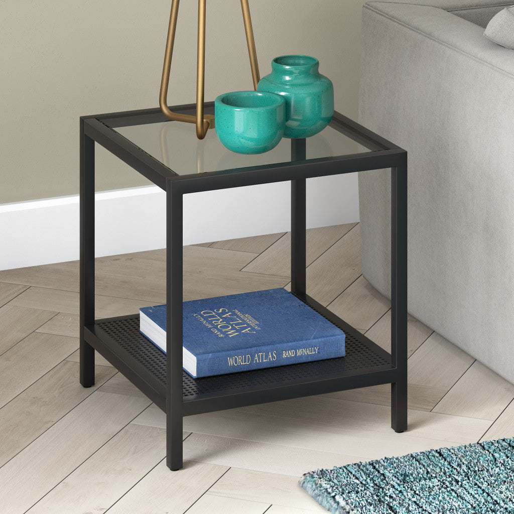 22" Black And Clear Glass And Steel Square End Table With Shelf