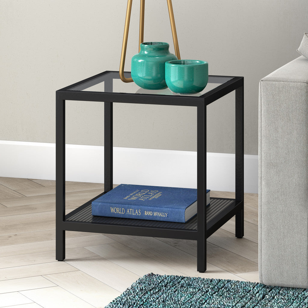 22" Black And Clear Glass And Steel Square End Table With Shelf