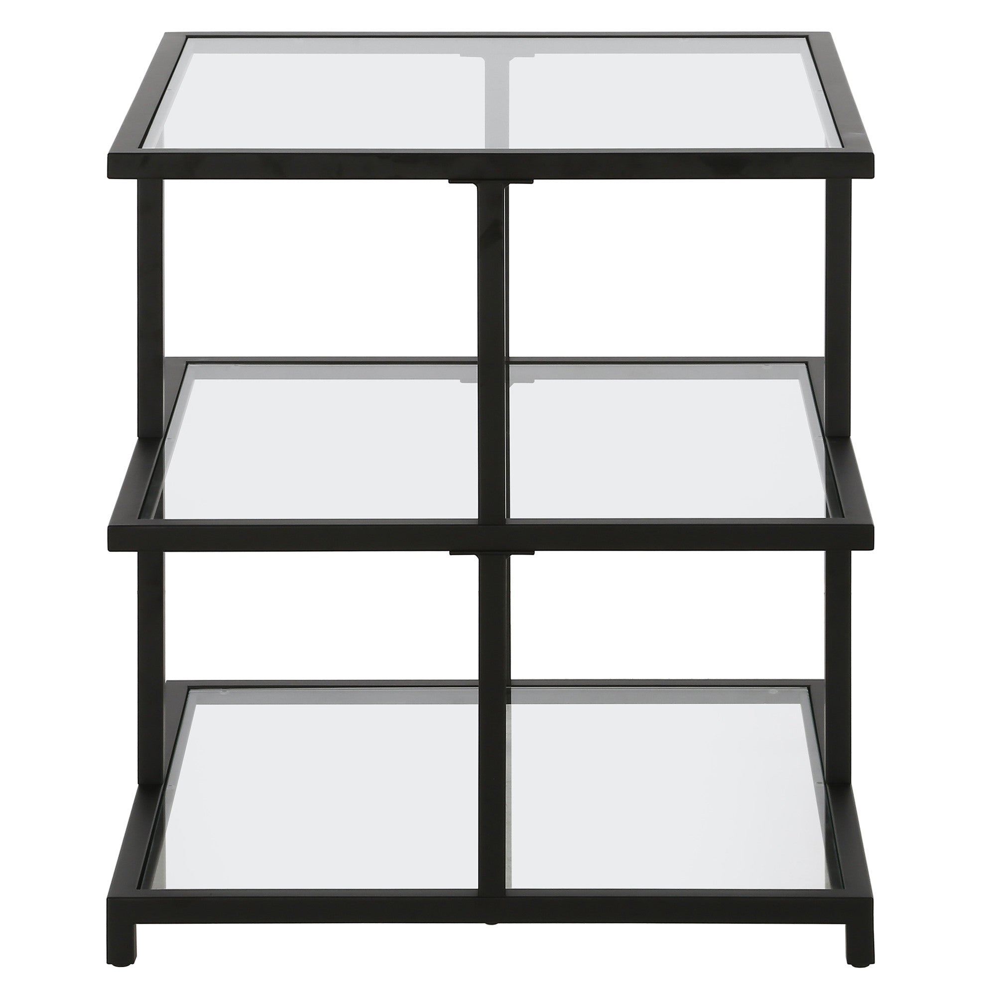 24" Black And Clear Glass And Steel Square End Table With Two Shelves