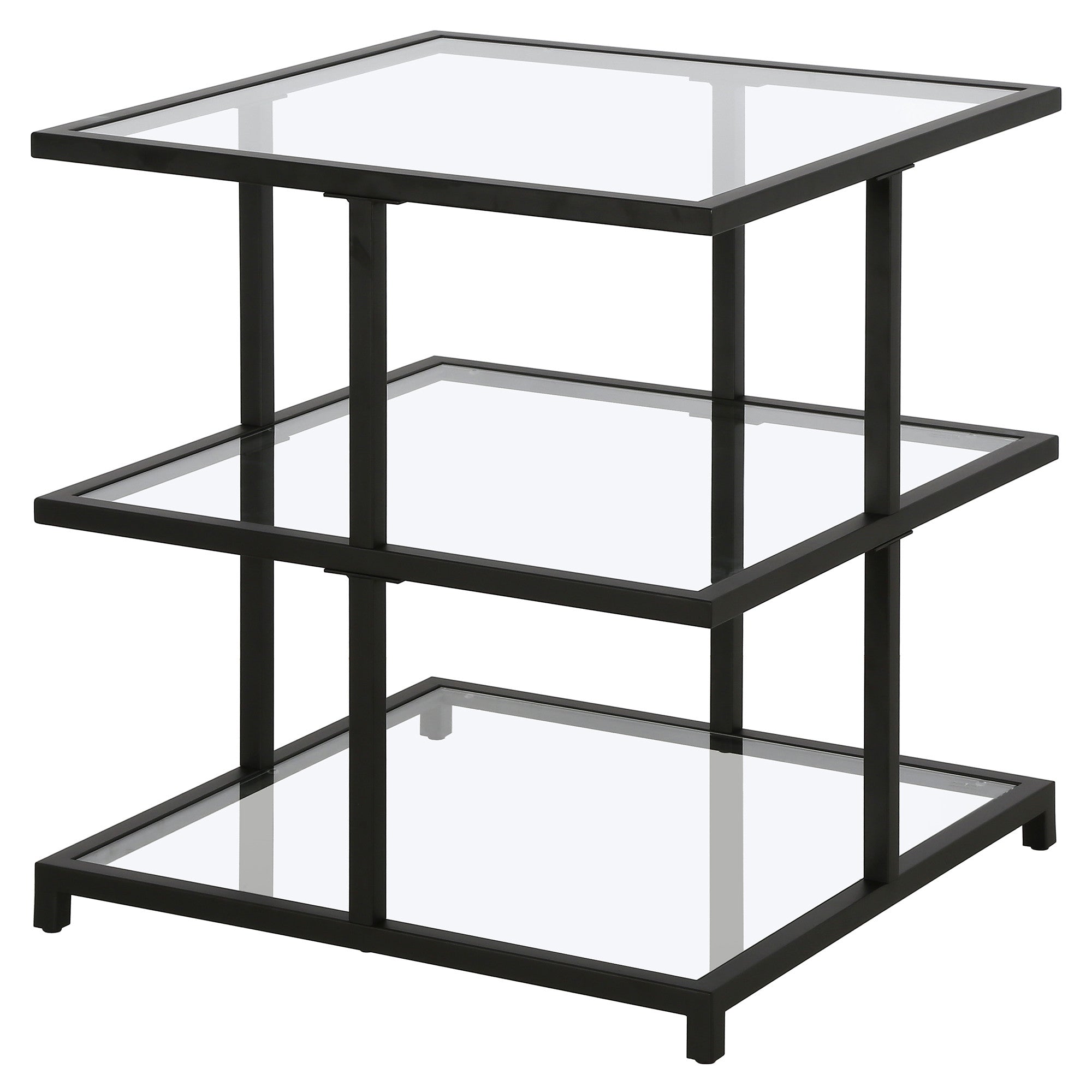 24" Black And Clear Glass And Steel Square End Table With Two Shelves