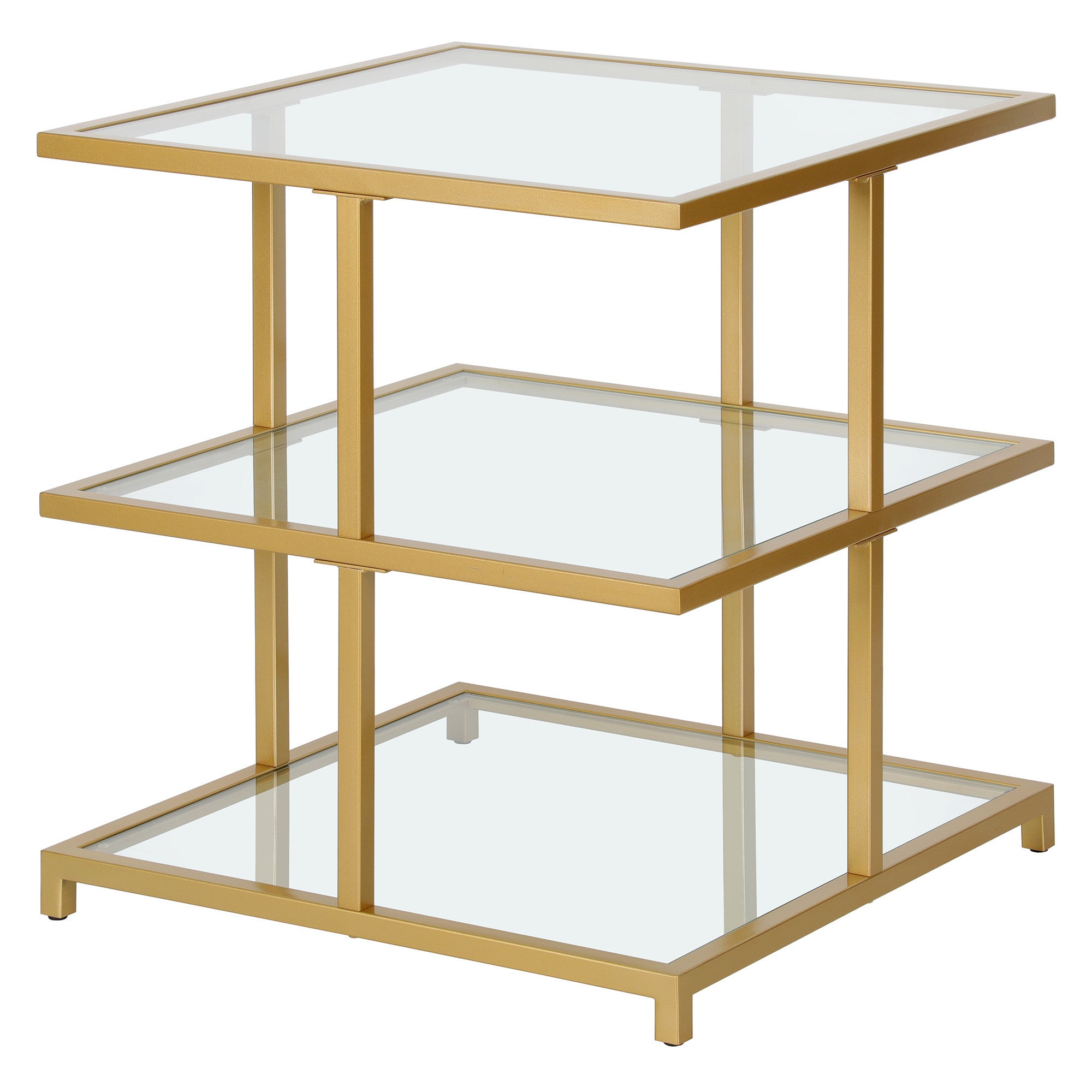 24" Brass And Clear Glass And Steel Square End Table With Two Shelves