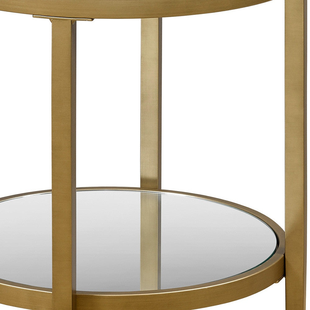 24" Antiqued Brass And Clear Glass And Steel Round Mirrored End Table With Shelf