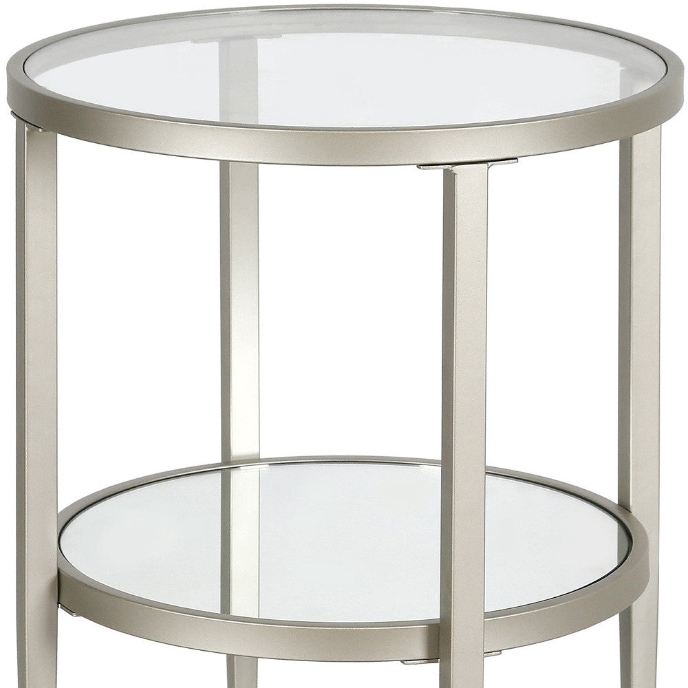 24" Nickel And Clear Glass And Steel Round Mirrored End Table With Shelf