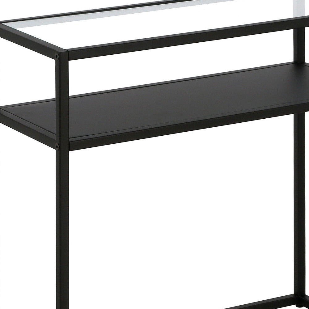 24" Black And Clear Glass And Steel End Table With Shelf