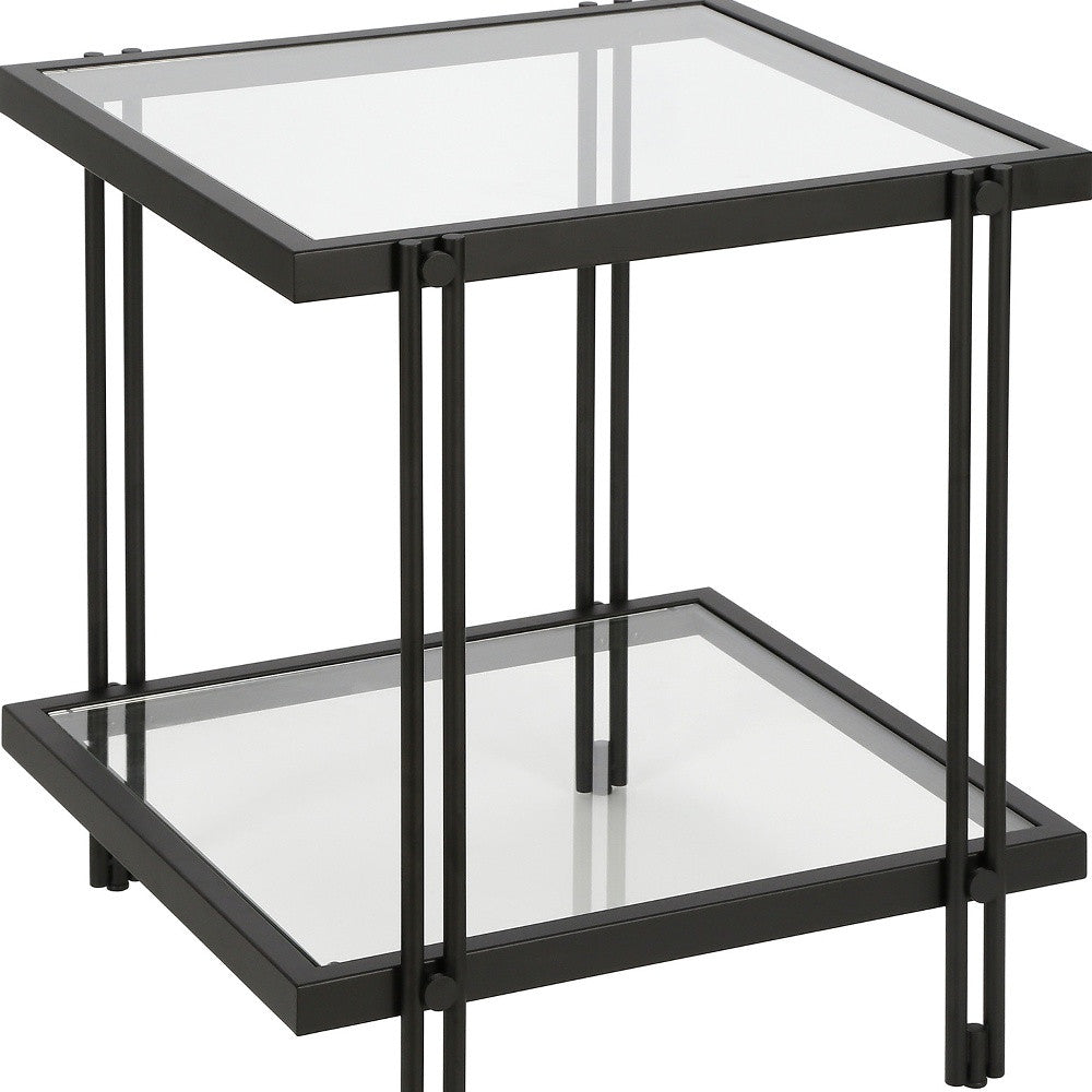 22" Black And Clear Glass And Steel Square End Table With Shelf