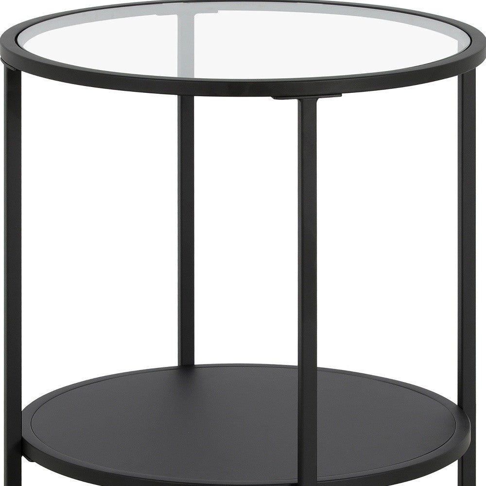 22" Black And Clear Glass And Steel Round End Table With Shelf