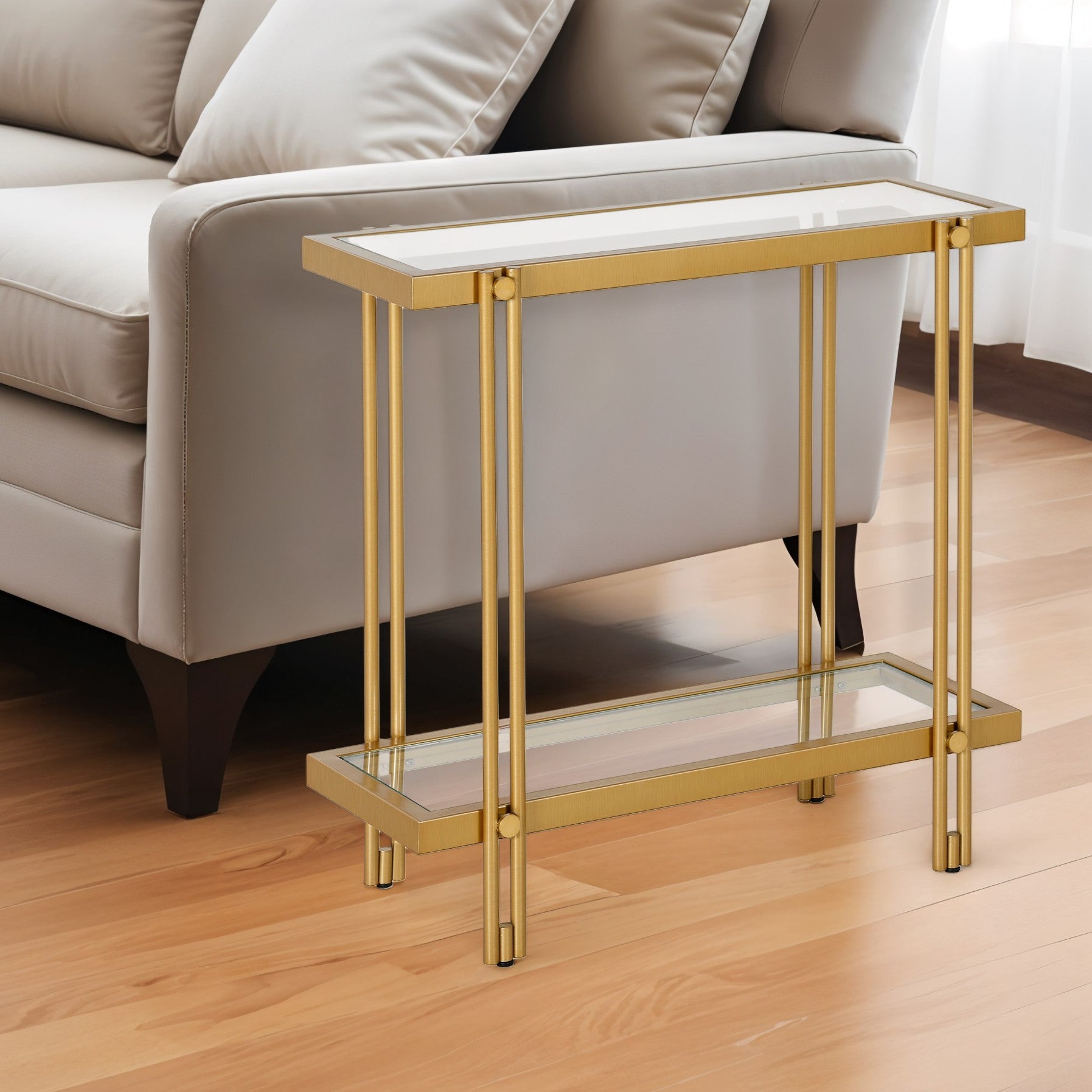 24" Brass And Clear Glass And Steel End Table With Shelf