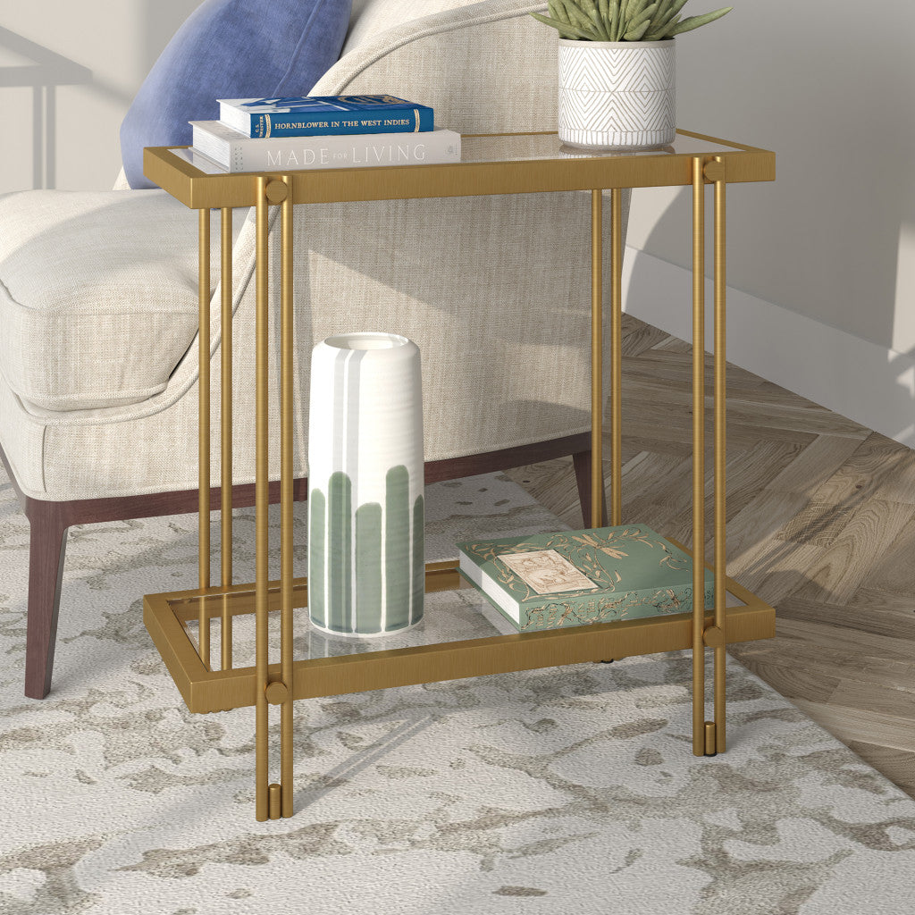 24" Brass And Clear Glass And Steel End Table With Shelf