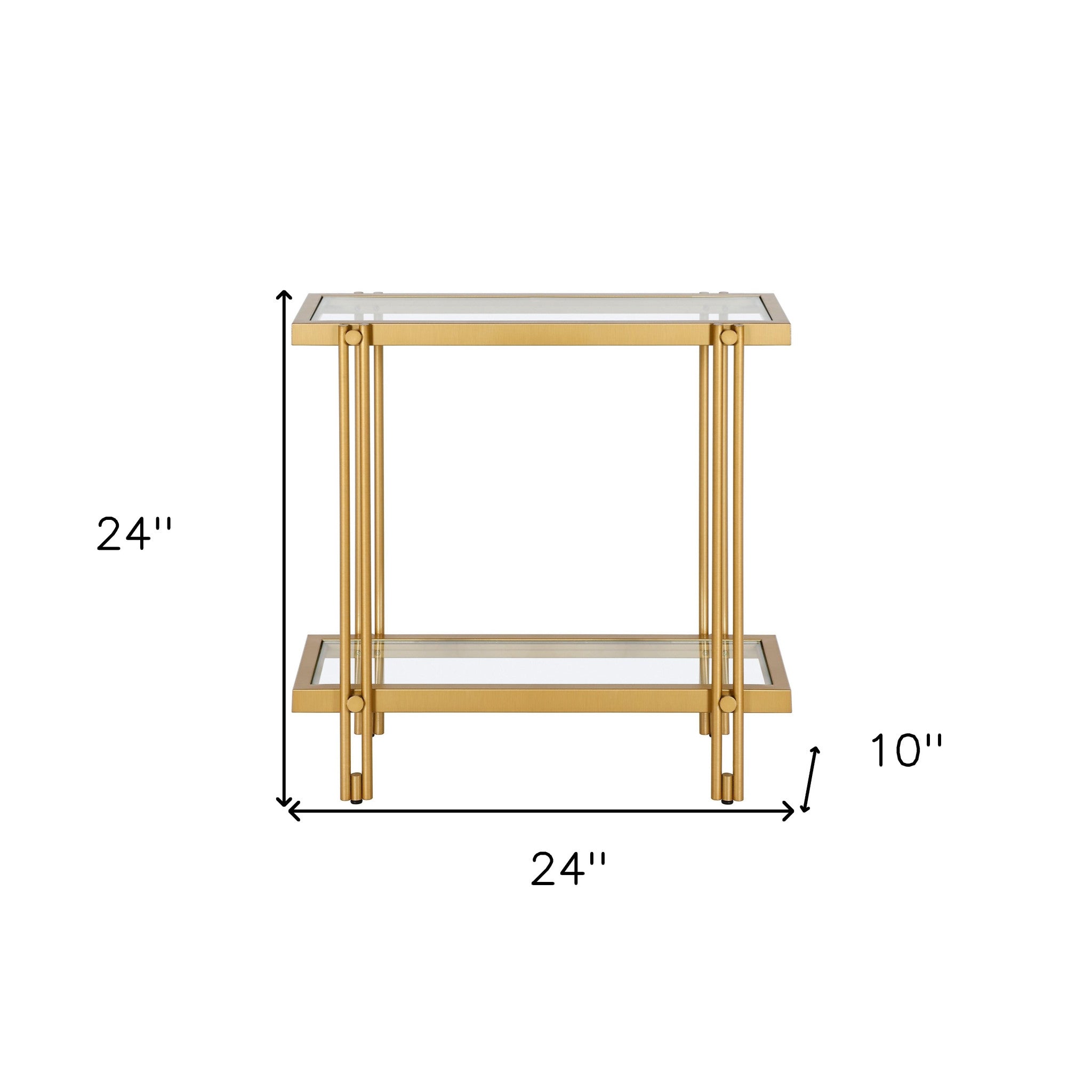 24" Brass And Clear Glass And Steel End Table With Shelf