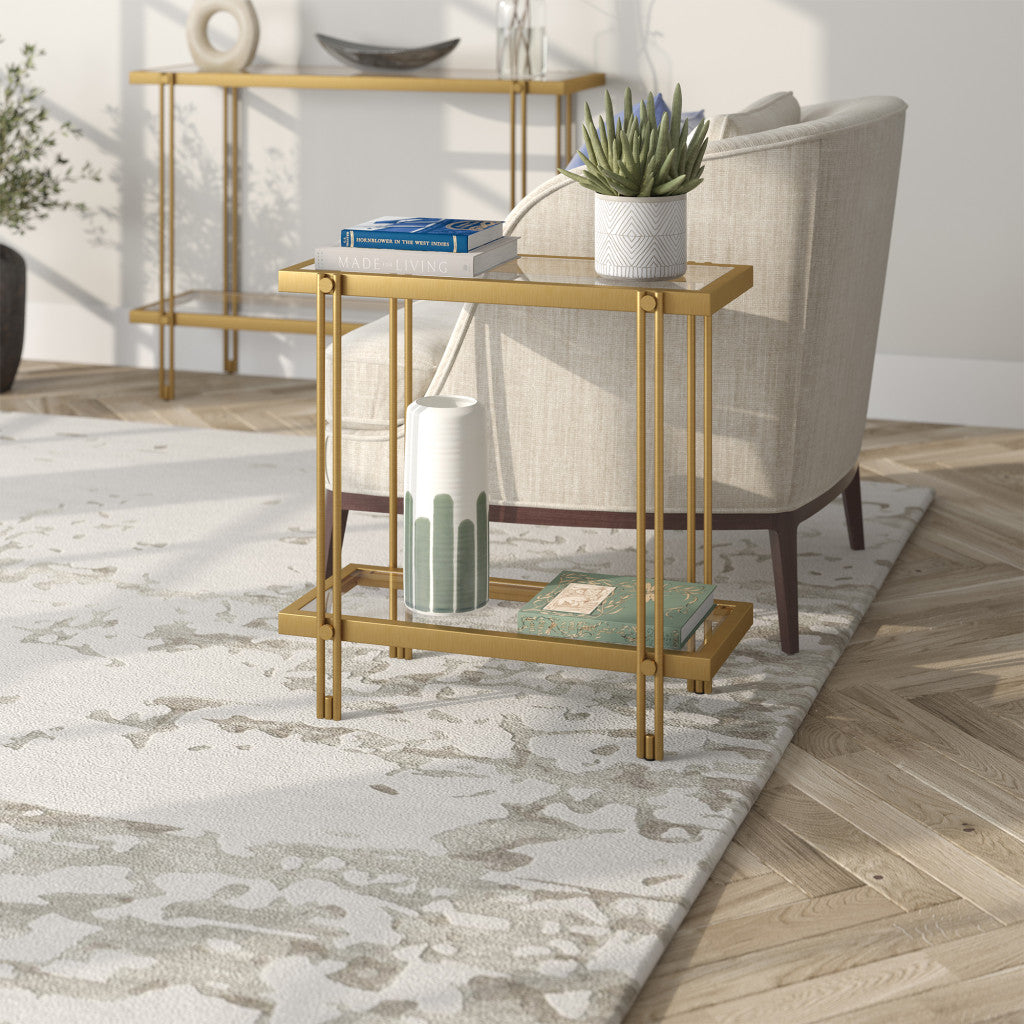 24" Brass And Clear Glass And Steel End Table With Shelf