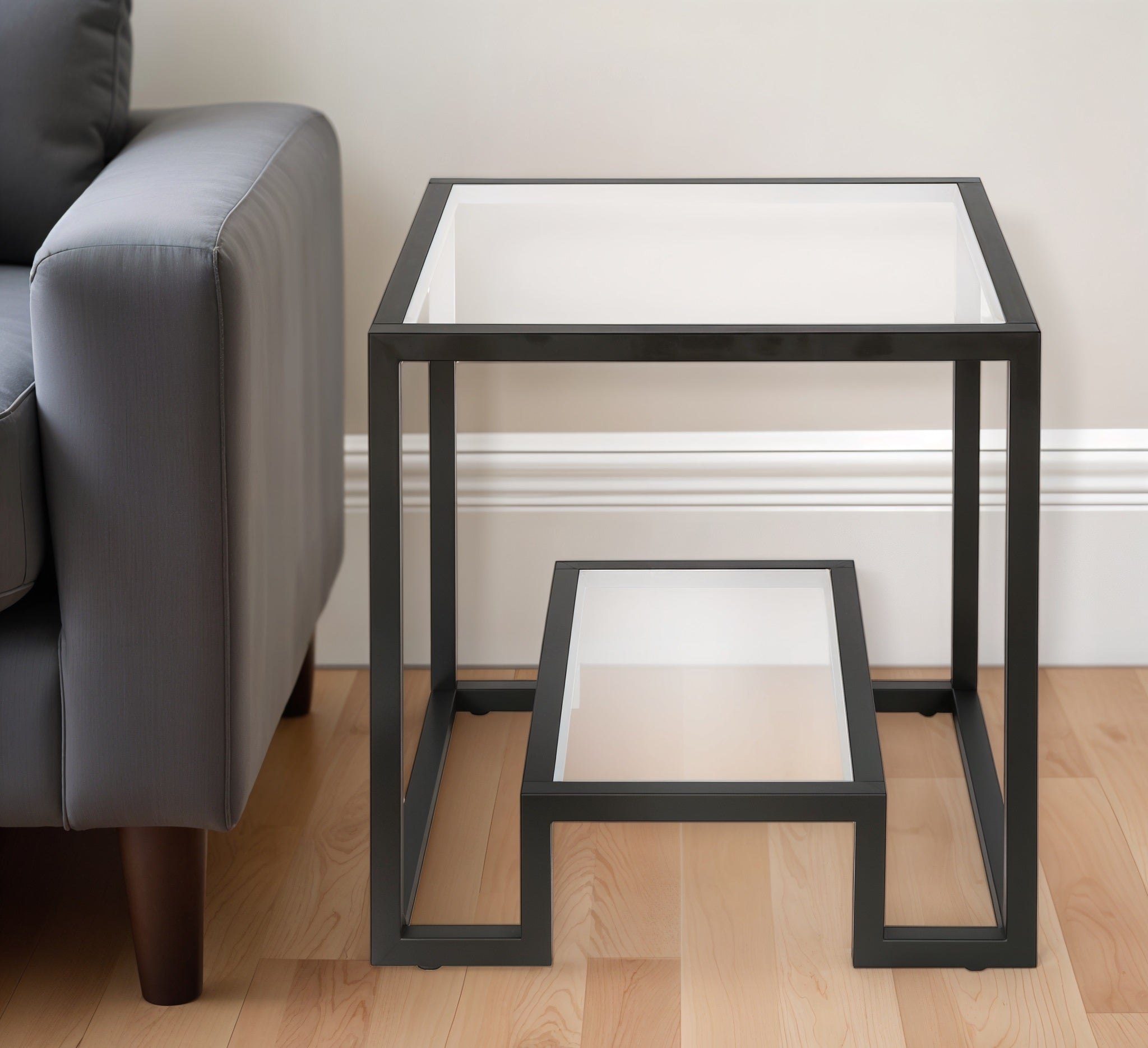 22" Black And Clear Glass And Steel Square End Table With Shelf