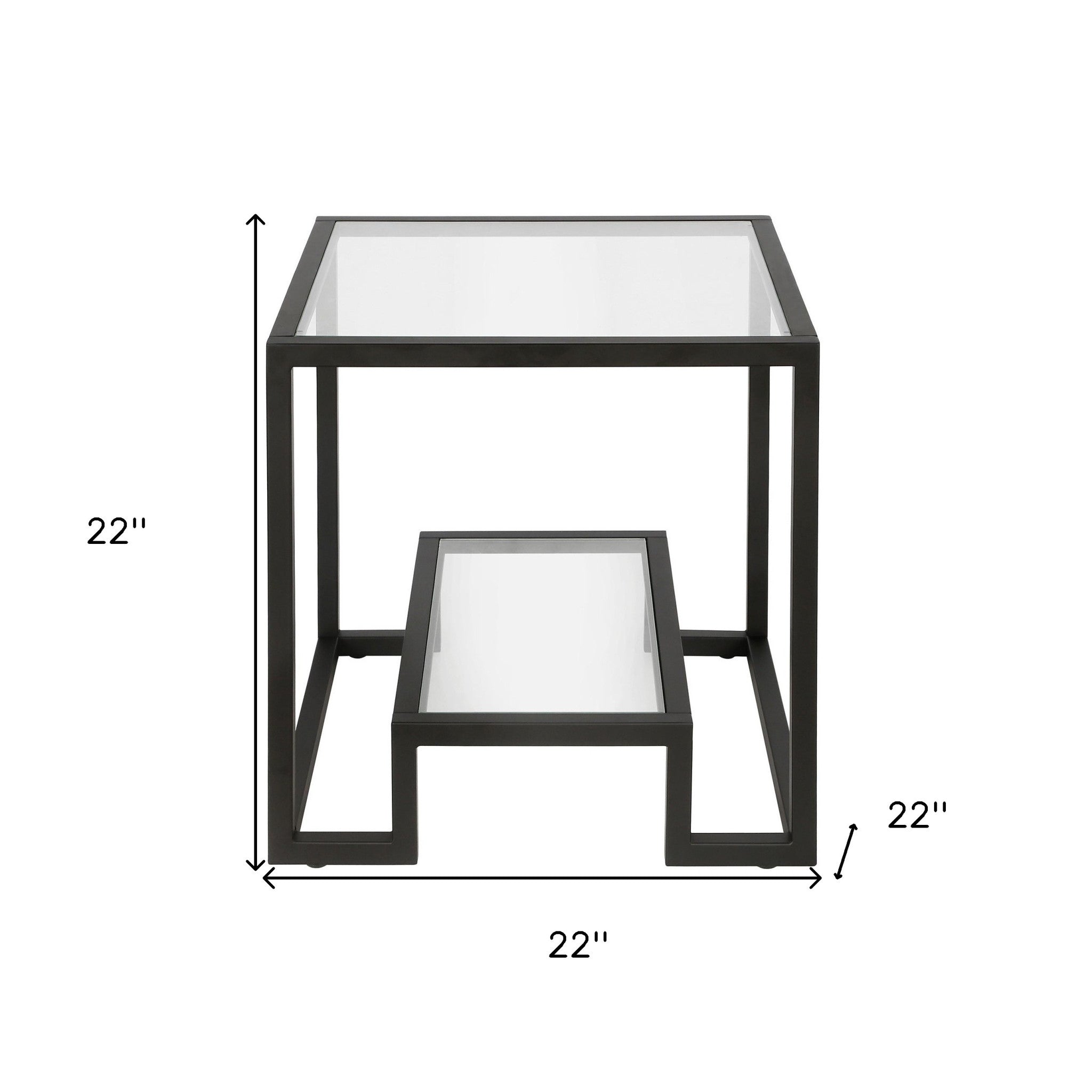 22" Black And Clear Glass And Steel Square End Table With Shelf